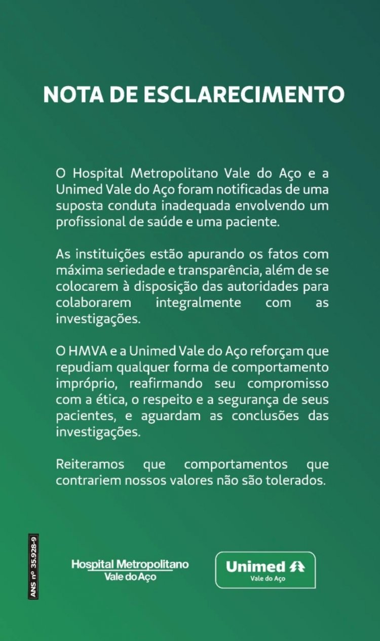 Hospital metropolitano Vale do Aço e  Unimed Vale do Aço emite nota de esclarecimento